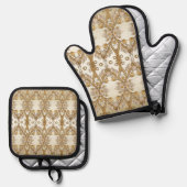 Witte bloemen decoratief goud ovenwant & pannenlap set (Voorkant / Achterkant)