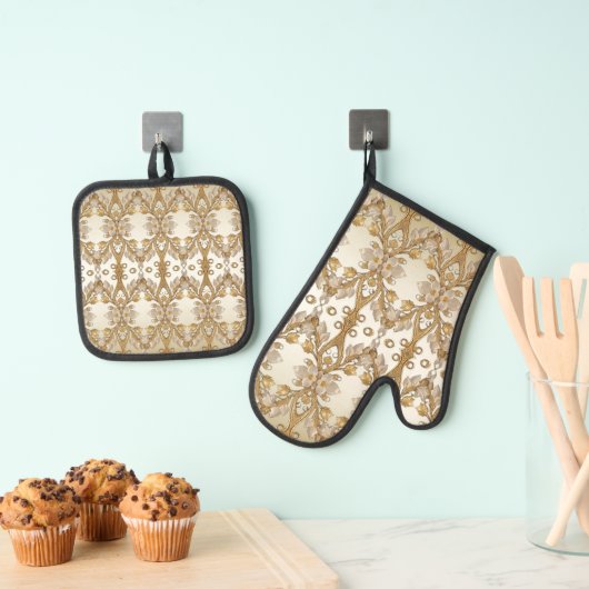 Witte bloemen decoratief goud ovenwant & pannenlap set (Insitu(Ophanging))