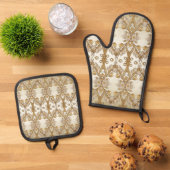 Witte bloemen decoratief goud ovenwant & pannenlap set (Top down)