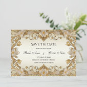 Witte bloemen Decoratief goud Save the Date (Staand voorkant)