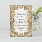 Witte bloemen decoratieve gouden bruiloft uitnodig kaart (Staand voorkant)
