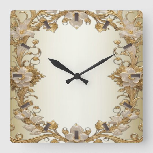 Witte bloemen decoratieve gouden wandklok vierkante klok (Voorkant)