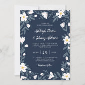 Witte Bloemen Donkerblauwe Bloemige Bruiloft Kaart (Voorkant)