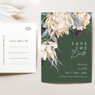 Witte Bloemen Donkergroene Save The Date Postcar Uitnodiging Briefkaart