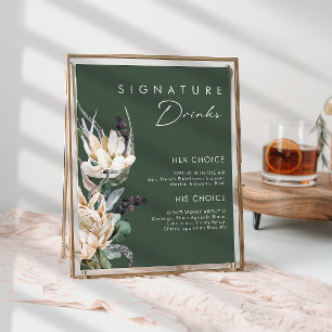 Witte Bloemen Donkergroene Signature Dranken Bor Poster