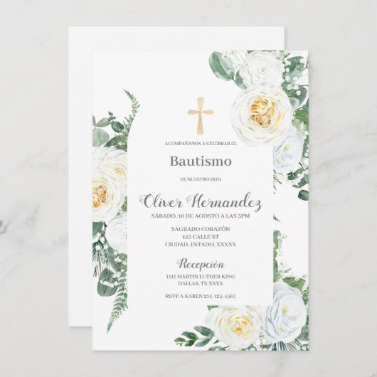 Witte Bloemen doop Spaanse Uitnodiging (Voorkant / Achterkant)