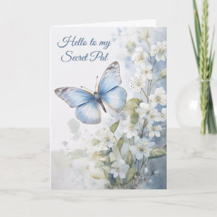 witte bloemen en blauwe vlinder geheime vriend kaart