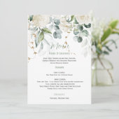 Witte bloemen en eucalyptus huwelijksmenu kaart (Staand voorkant)