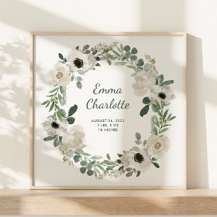 Witte Bloemen en Groen Baby Geboortestatistieken Poster