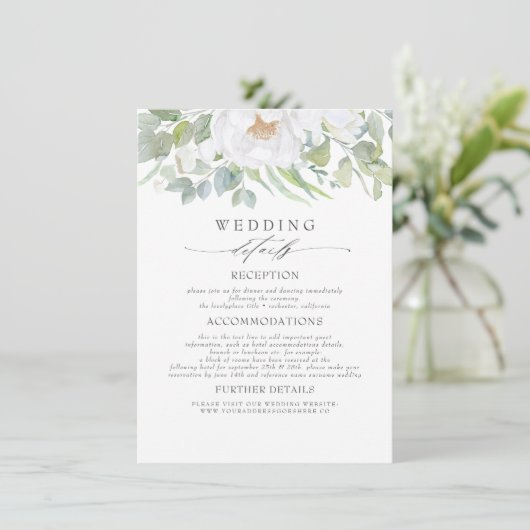 Witte Bloemen en Groen Bruiloft Informatie Informatiekaartje (Staand voorkant)