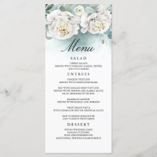 Witte bloemen en groen bruiloft menu's