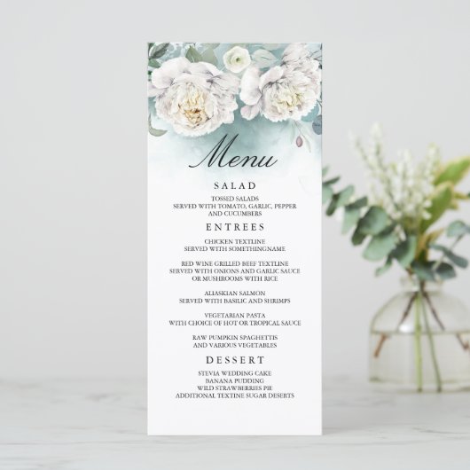 Witte bloemen en groen bruiloft menu's (Staand voorkant)