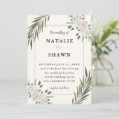 Witte bloemen en groen bruiloft uitnodiging (Staand voorkant)