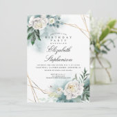 Witte Bloemen en Groen Elegant Verjaardagsfeest Kaart (Staand voorkant)