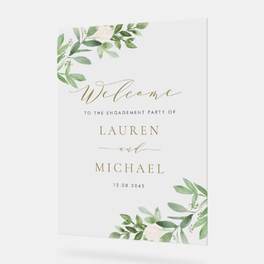 Witte bloemen en groen engagement partij acryl bord (Hoek)