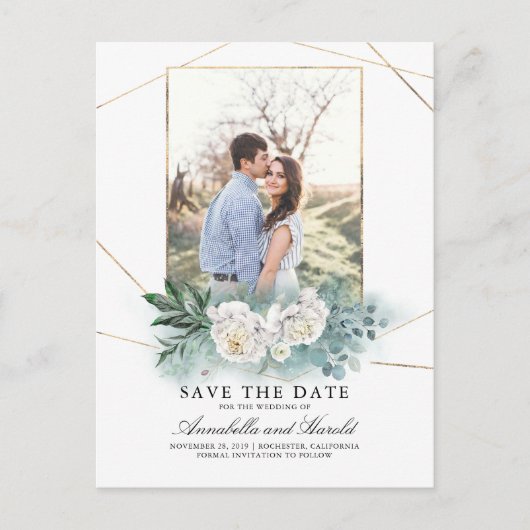 Witte bloemen en groen foto opslaan van de datum aankondigingskaart (Voorkant)