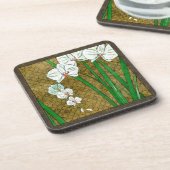 Witte bloemen en groene gedichten aan de bruine gr onderzetter (Linkerzijde)