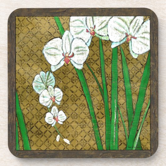 Witte bloemen en groene gedichten aan de bruine gr onderzetter (Voorkant)