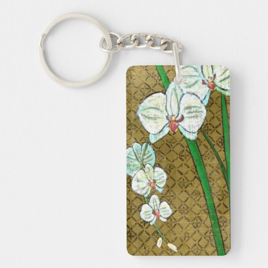 Witte bloemen en groene gedichten aan de bruine gr sleutelhanger (Voorkant)