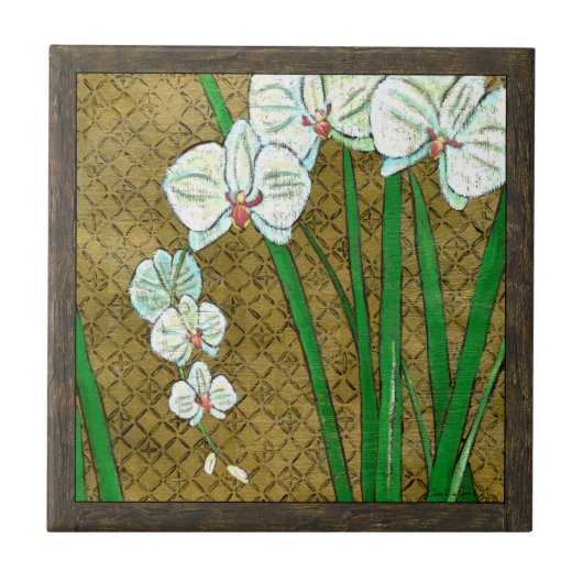 Witte bloemen en groene gedichten aan de bruine gr tegeltje (Voorkant)