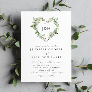 Witte Bloemen en Groene Hart Monogram Bruiloft Kaart