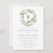 Witte Bloemen en Groene Monogram Bruiloft Kaart (Voorkant)
