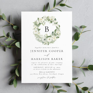 Witte Bloemen en Groene Monogram Bruiloft Kaart