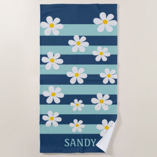 witte bloemen en marineblauwe strepen monogram naa strandlaken