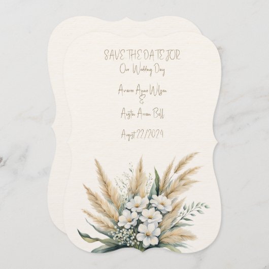 Witte Bloemen en Pampas Grass Bruiloft Boeket Save The Date (Voorkant / Achterkant)
