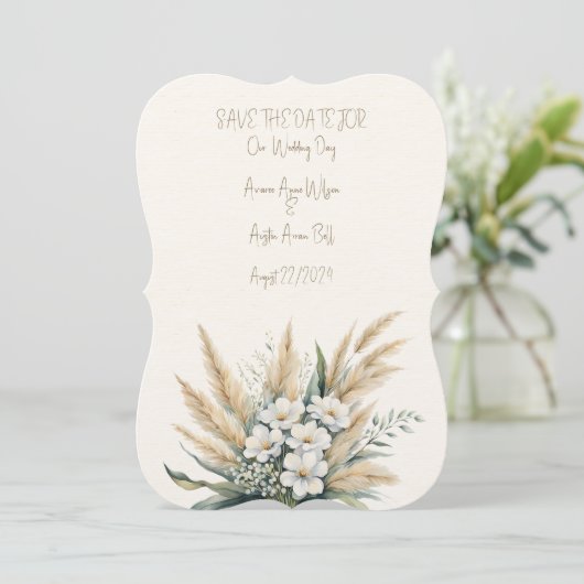 Witte Bloemen en Pampas Grass Bruiloft Boeket Save The Date (Staand voorkant)