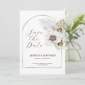 Witte bloemen en veren save the date (Staand voorkant)