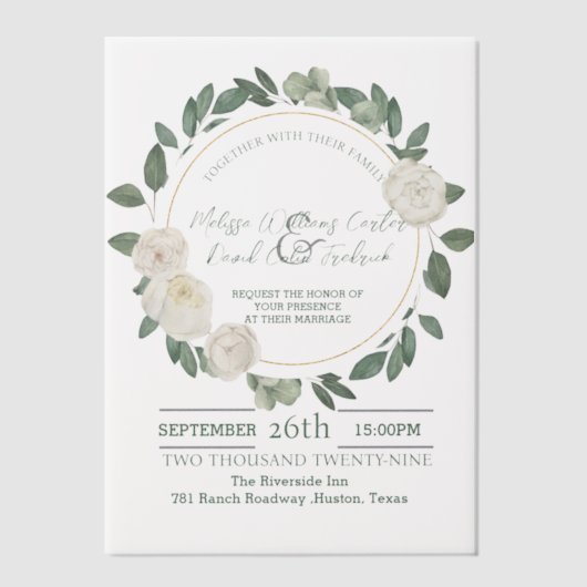 Witte Bloemen Eucalyptus Botanisch Groen Huwelijk Vellum Uitnodigingen (Voorkant)