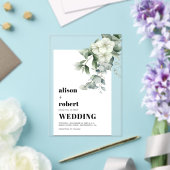 Witte bloemen, eucalyptus en lijst bruiloft acryl uitnodigingen (Insitu (Huwelijk))