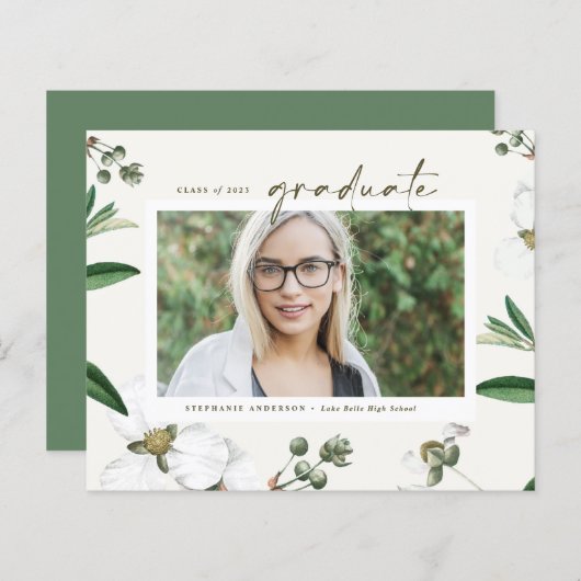 Witte Bloemen Foto Afstuderen Uitnodiging (Voorkant / Achterkant)