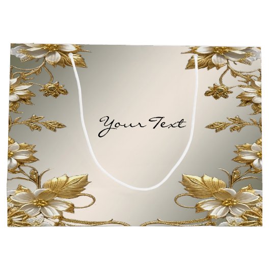 Witte Bloemen Goud Geschenktas Groot Cadeauzakje (Achterkant)