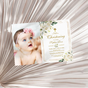 Witte Bloemen & Goud Lijst Foto Meisje Doopsel Kaart