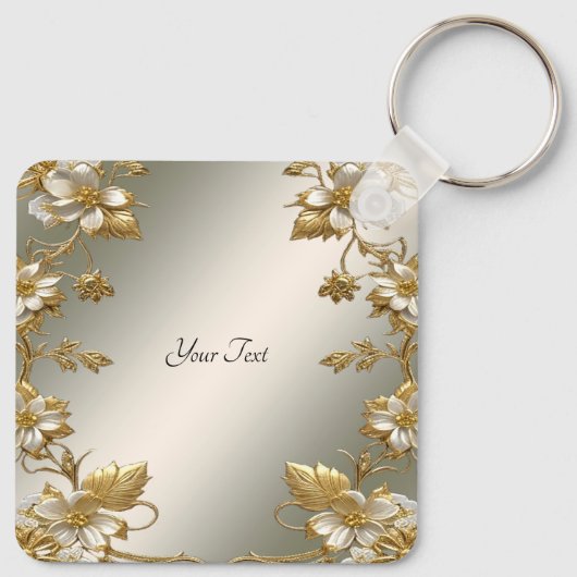Witte Bloemen Goud  Sleutelhanger (Achterkant)