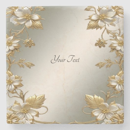 Witte Bloemen Goud  Steen Onderzetter (Voorkant)