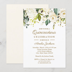 Witte Bloemen Gouden Confetti Quinceanera 15e Kaart