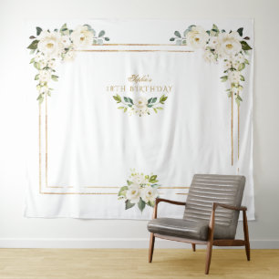 Witte Bloemen Gouden Fotohokje !8e Verjaardag Wandkleed