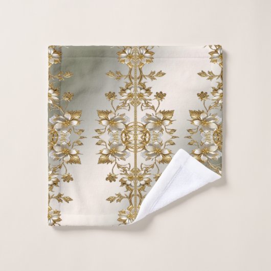 Witte Bloemen Gouden  Handdoek Set (Wasdoekje)