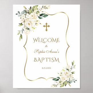 Witte Bloemen Gouden Lijst Doop Welkom Bord Poster