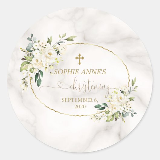 Witte Bloemen Gouden Marmer Doop Calligrafie Ronde Sticker (Voorkant)