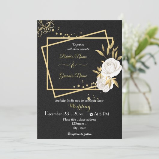witte bloemen goudkleurige zwarte bruiloft kaart (Staand voorkant)