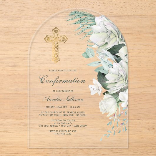 Witte Bloemen Greenery Arch bevestiging Acryl Uitnodigingen (Voorkant)