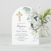 Witte Bloemen Greenery Boog Doop Kaart (Staand voorkant)