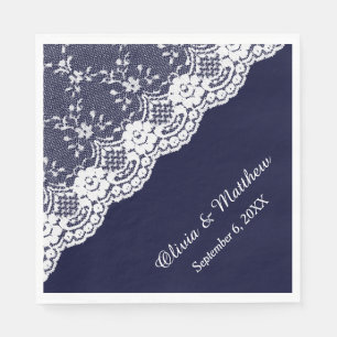 Witte Bloemen Grenskant op Navy Blue Wedding Servet