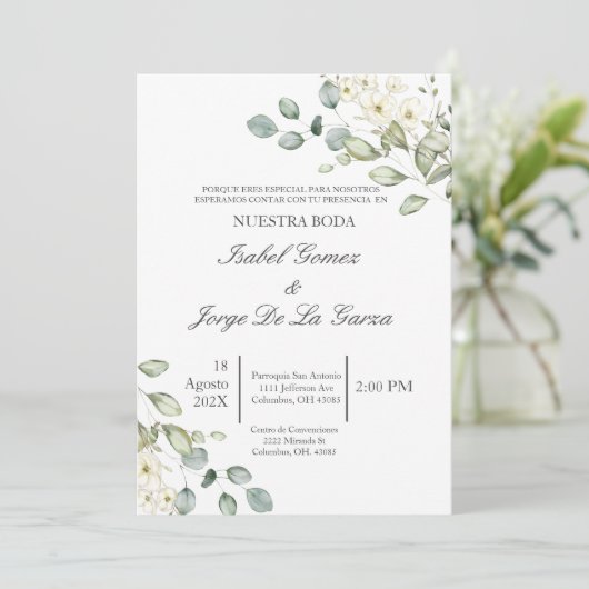 Witte bloemen groen bruiloft uitnodiging in het Sp (Staand voorkant)