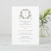 Witte Bloemen Groen Ivy Monogram Crest Bruiloft Kaart (Staand voorkant)