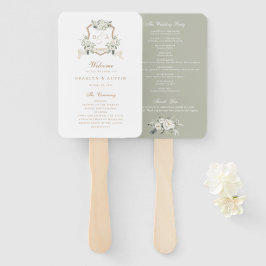 Witte Bloemen Groen Sage Monogram Crest Bruiloft Handwaaier